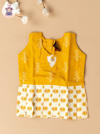 Light Yellow & Cream - Girls Readymade Floral Printed Cotton Pavadai Sattai