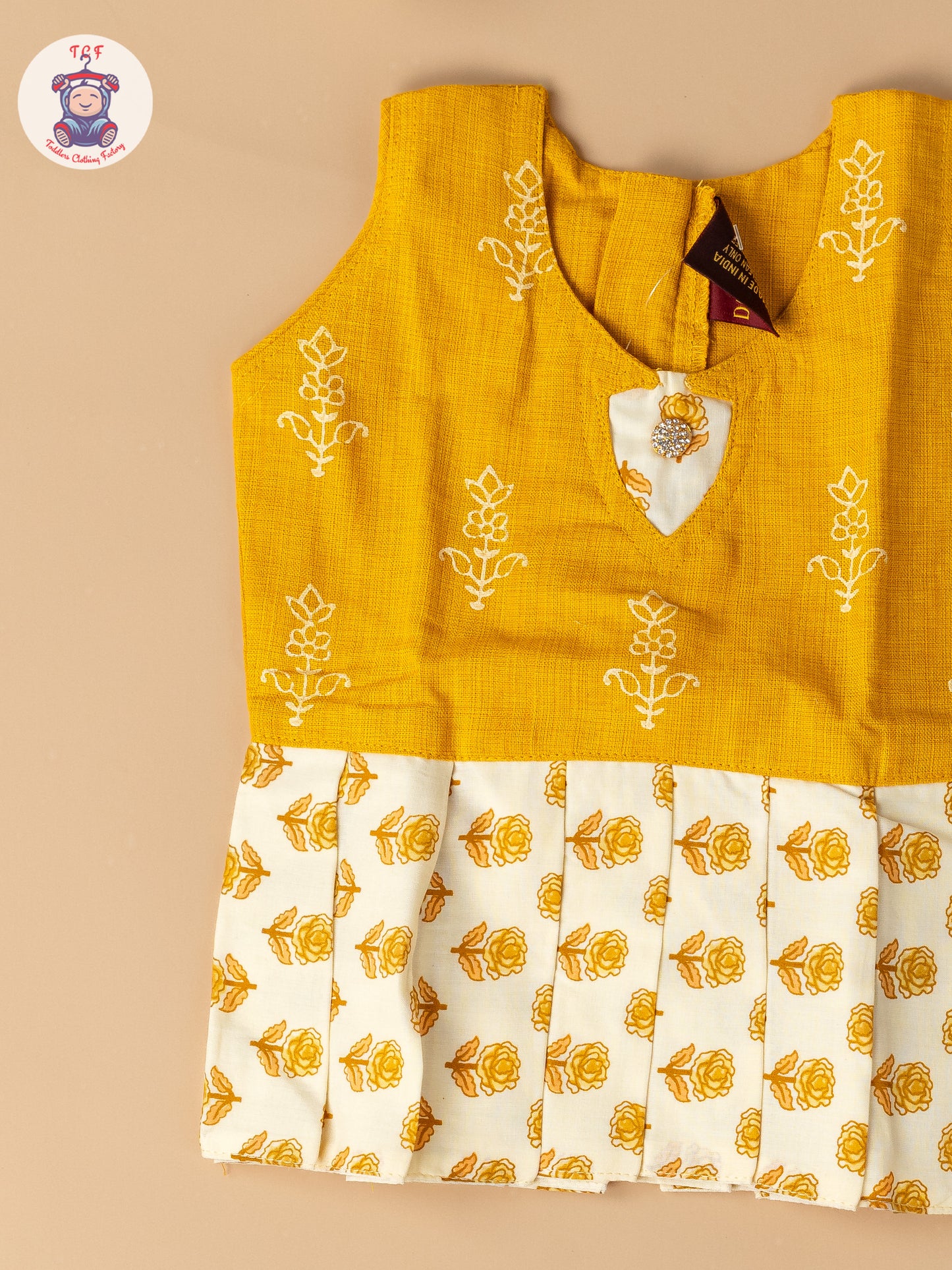 Light Yellow & Cream - Girls Readymade Floral Printed Cotton Pavadai Sattai