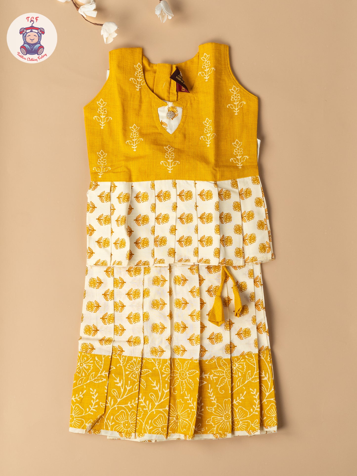 Light Yellow & Cream - Girls Readymade Floral Printed Cotton Pavadai Sattai