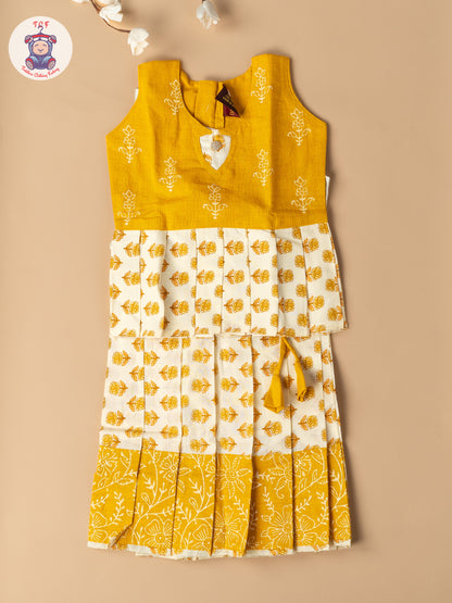 Light Yellow & Cream - Girls Readymade Floral Printed Cotton Pavadai Sattai