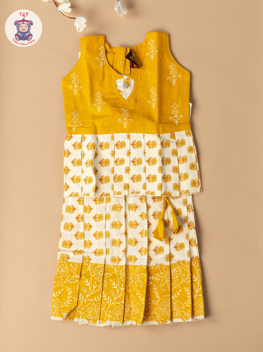 Light Yellow & Cream - Girls Readymade Floral Printed Cotton Pavadai Sattai