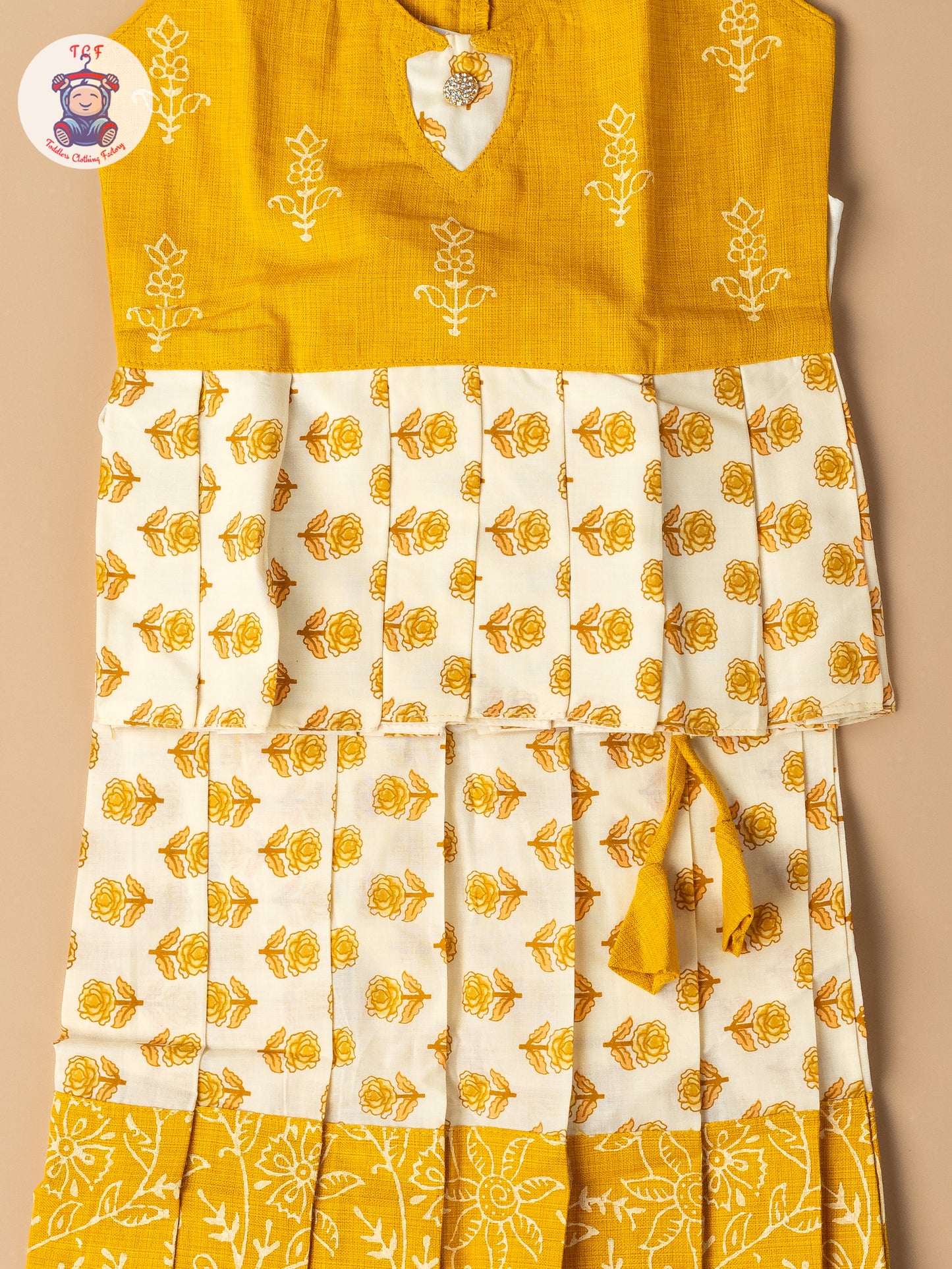 Light Yellow & Cream - Girls Readymade Floral Printed Cotton Pavadai Sattai