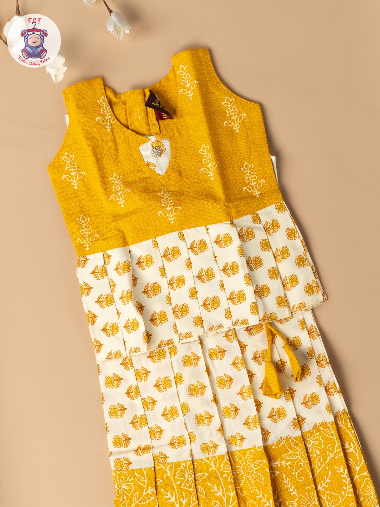 Light Yellow & Cream - Girls Readymade Floral Printed Cotton Pavadai Sattai