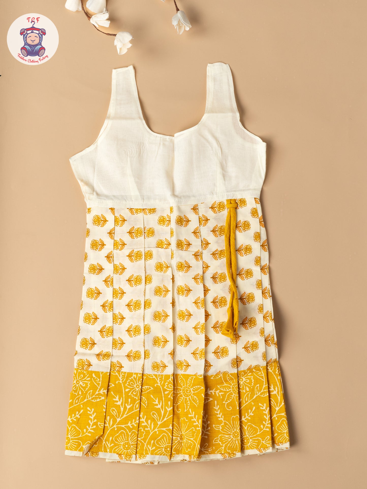 Light Yellow & Cream - Girls Readymade Floral Printed Cotton Pavadai Sattai