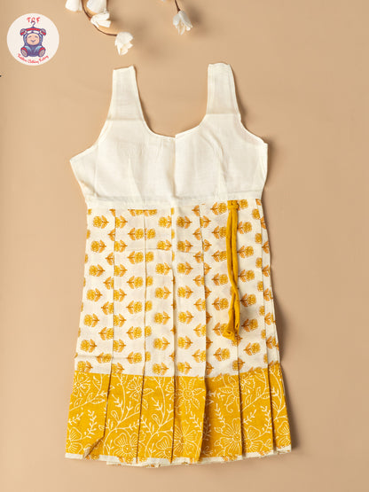 Light Yellow & Cream - Girls Readymade Floral Printed Cotton Pavadai Sattai