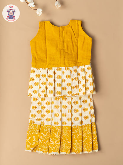 Light Yellow & Cream - Girls Readymade Floral Printed Cotton Pavadai Sattai