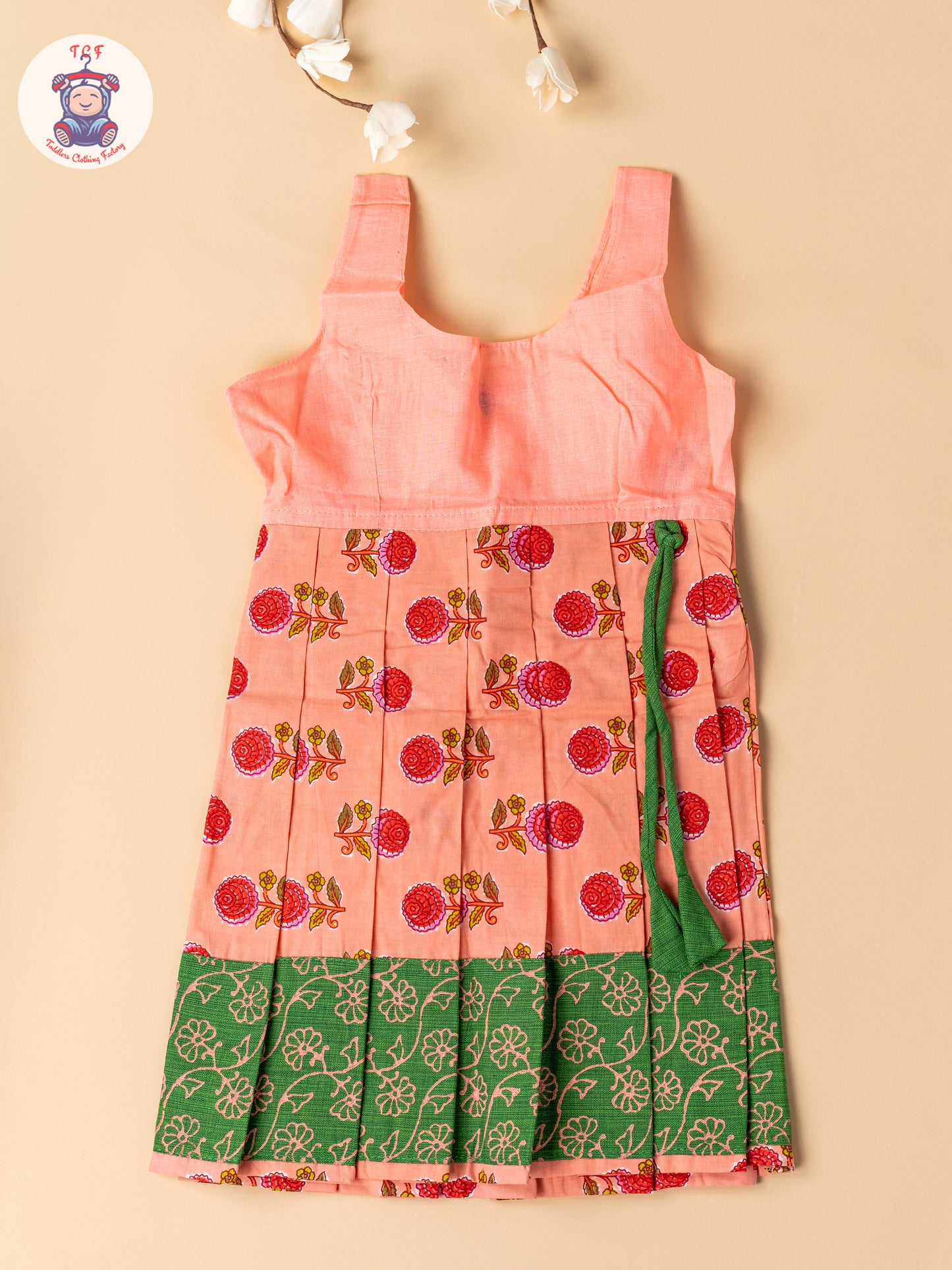 Bottle Green & Light Pink - Girls Readymade Floral Printed Cotton Pavadai Sattai