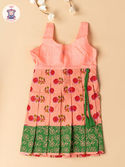 Bottle Green & Light Pink - Girls Readymade Floral Printed Cotton Pavadai Sattai