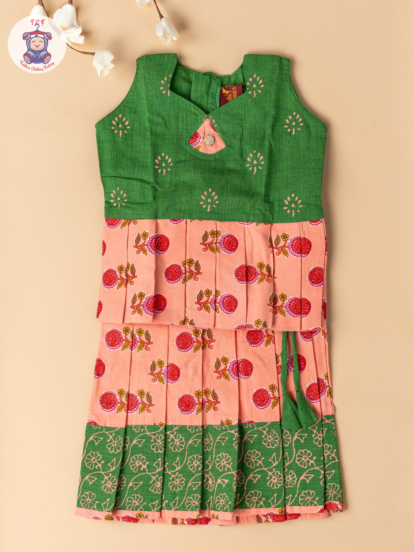 Bottle Green & Light Pink - Girls Readymade Floral Printed Cotton Pavadai Sattai