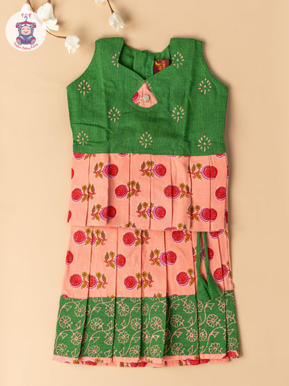 Bottle Green & Light Pink - Girls Readymade Floral Printed Cotton Pavadai Sattai