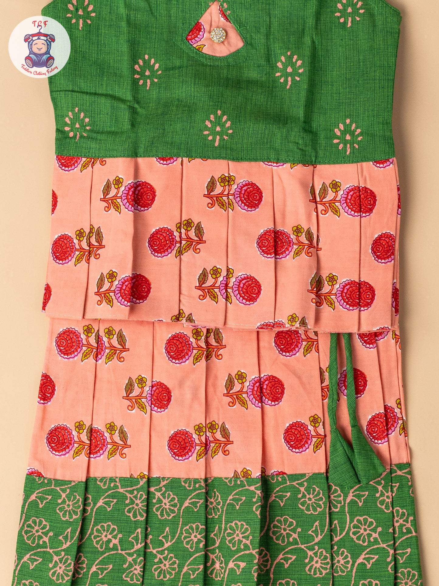 Bottle Green & Light Pink - Girls Readymade Floral Printed Cotton Pavadai Sattai