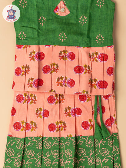 Bottle Green & Light Pink - Girls Readymade Floral Printed Cotton Pavadai Sattai