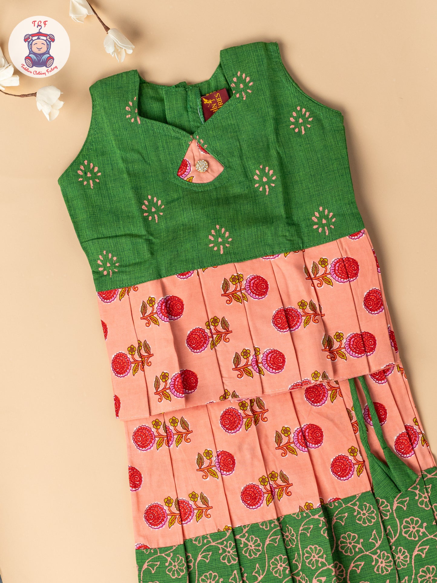 Bottle Green & Light Pink - Girls Readymade Floral Printed Cotton Pavadai Sattai