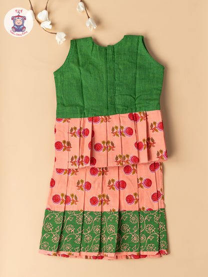 Bottle Green & Light Pink - Girls Readymade Floral Printed Cotton Pavadai Sattai