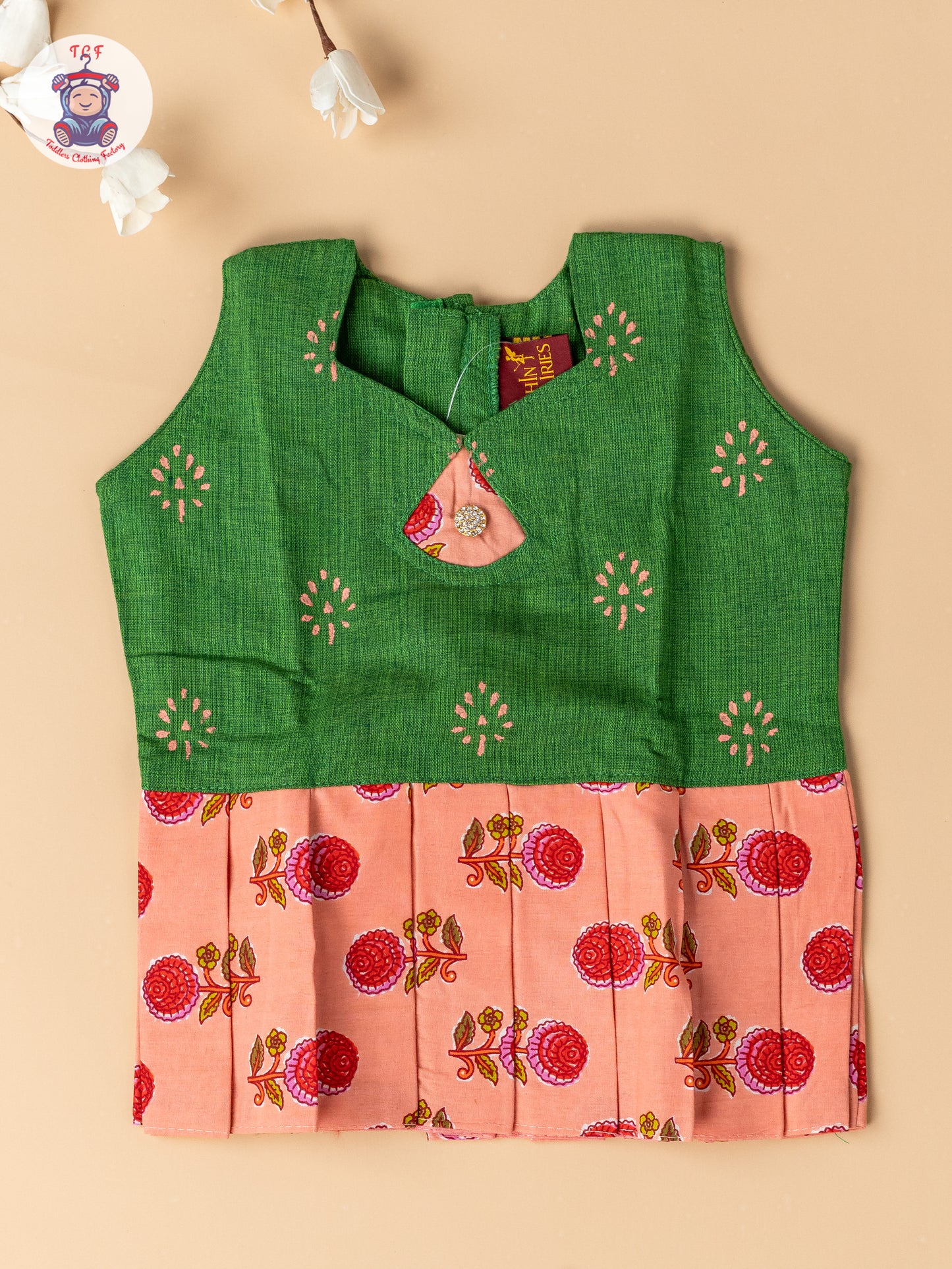 Bottle Green & Light Pink - Girls Readymade Floral Printed Cotton Pavadai Sattai