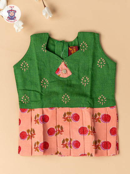 Bottle Green & Light Pink - Girls Readymade Floral Printed Cotton Pavadai Sattai