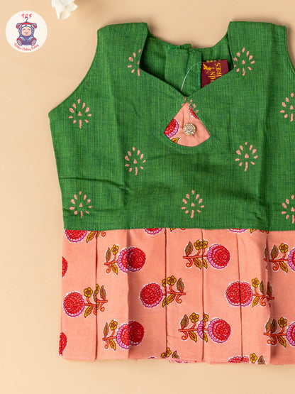 Bottle Green & Light Pink - Girls Readymade Floral Printed Cotton Pavadai Sattai