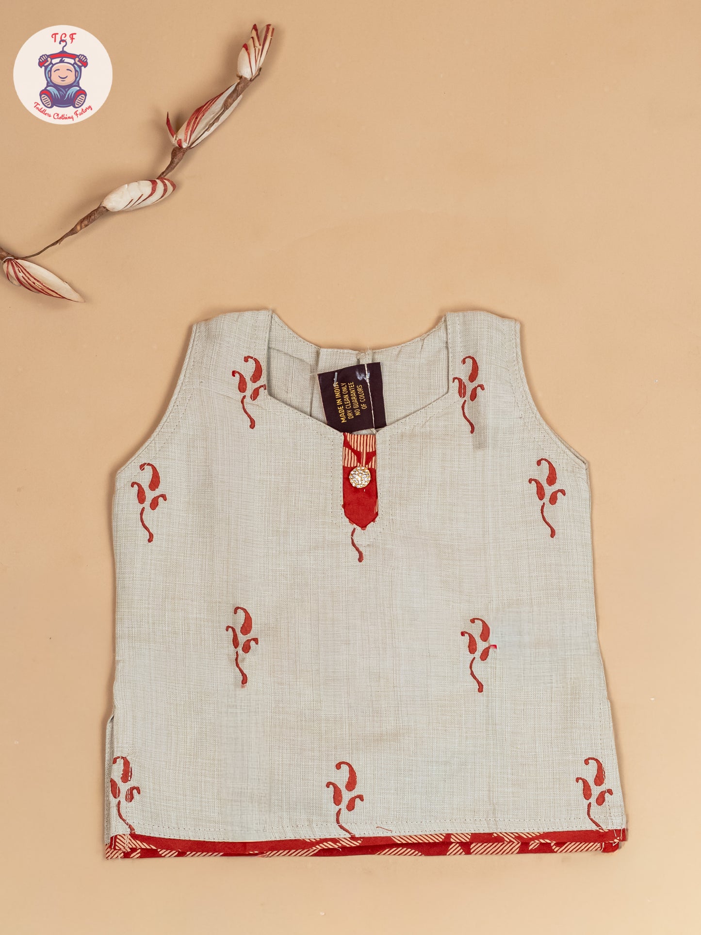 Cream & Rust - Girls Readymade Floral Printed Cotton Pavadai Sattai