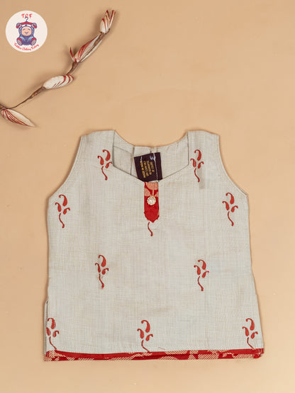 Cream & Rust - Girls Readymade Floral Printed Cotton Pavadai Sattai