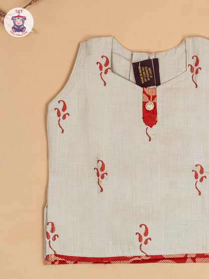 Cream & Rust - Girls Readymade Floral Printed Cotton Pavadai Sattai