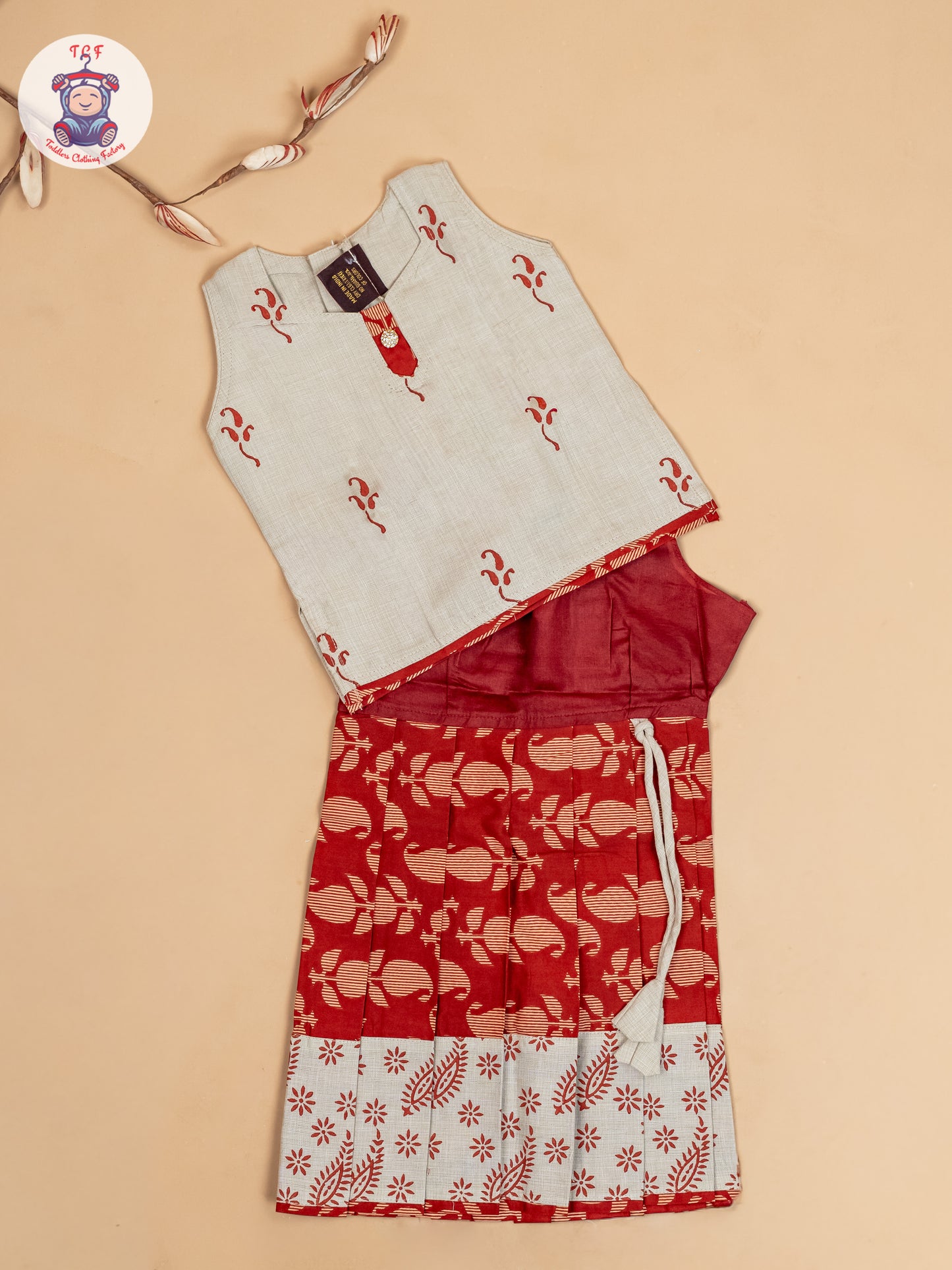 Cream & Rust - Girls Readymade Floral Printed Cotton Pavadai Sattai