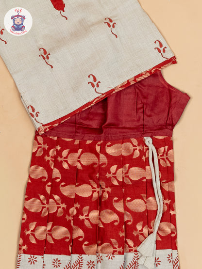 Cream & Rust - Girls Readymade Floral Printed Cotton Pavadai Sattai
