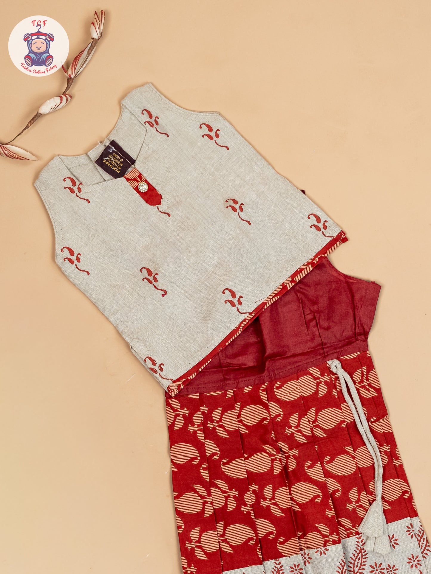 Cream & Rust - Girls Readymade Floral Printed Cotton Pavadai Sattai