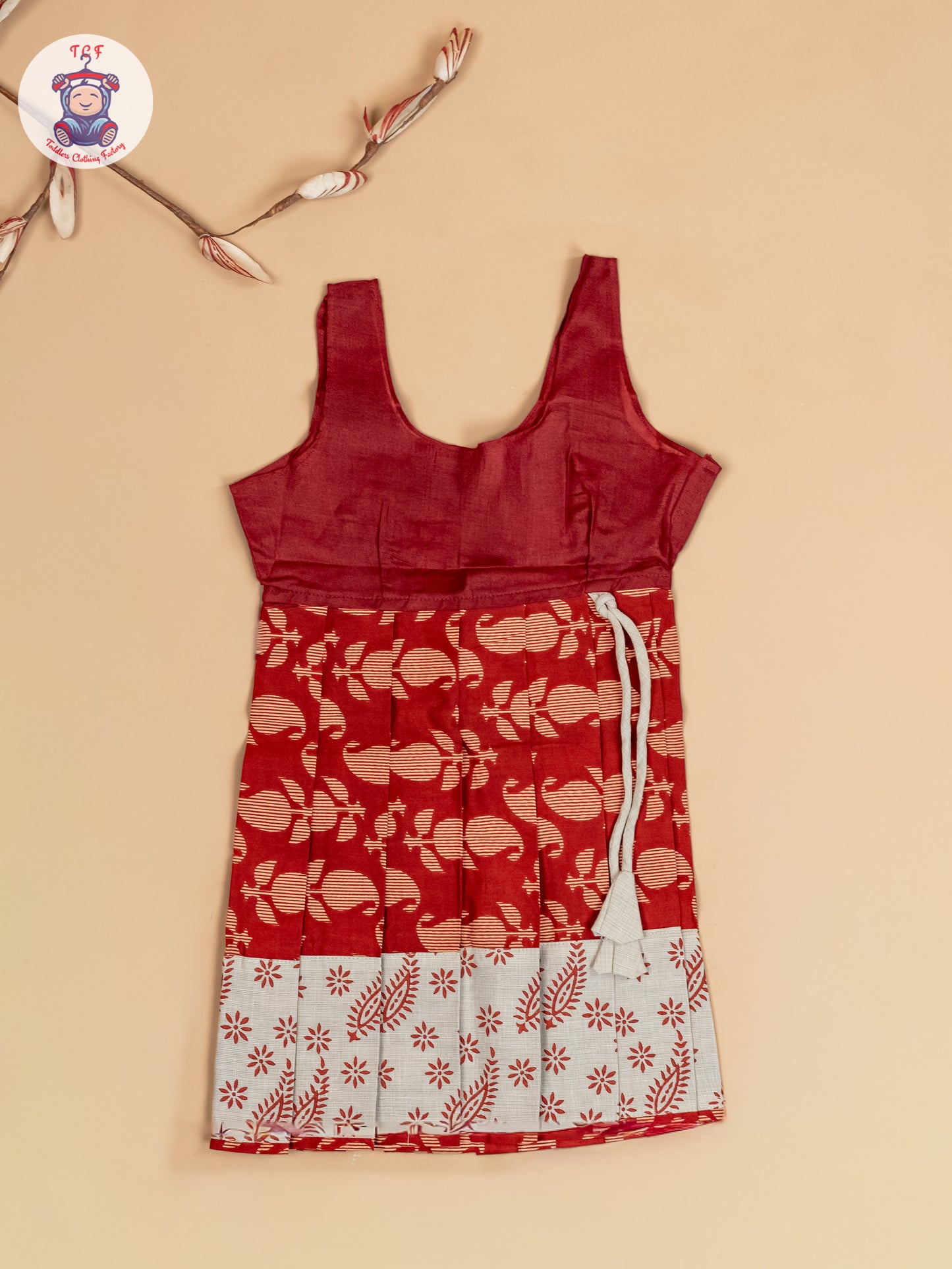 Cream & Rust - Girls Readymade Floral Printed Cotton Pavadai Sattai