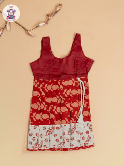 Cream & Rust - Girls Readymade Floral Printed Cotton Pavadai Sattai