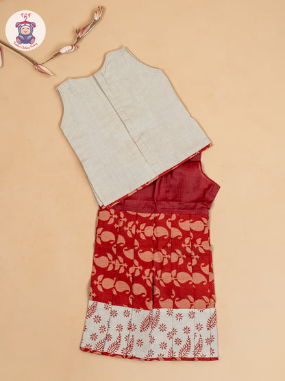 Cream & Rust - Girls Readymade Floral Printed Cotton Pavadai Sattai