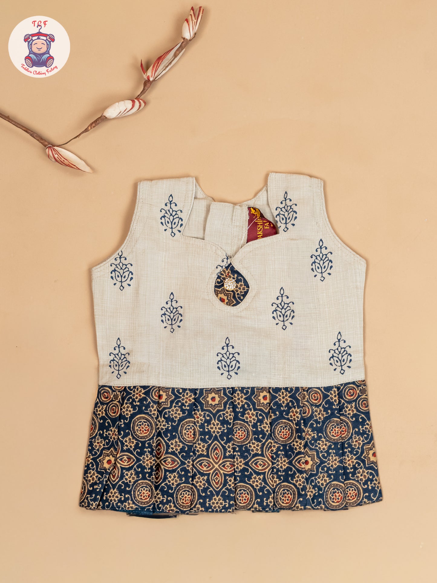 Cream & Navy Blue - Girls Readymade Floral Printed Cotton Pavadai Sattai