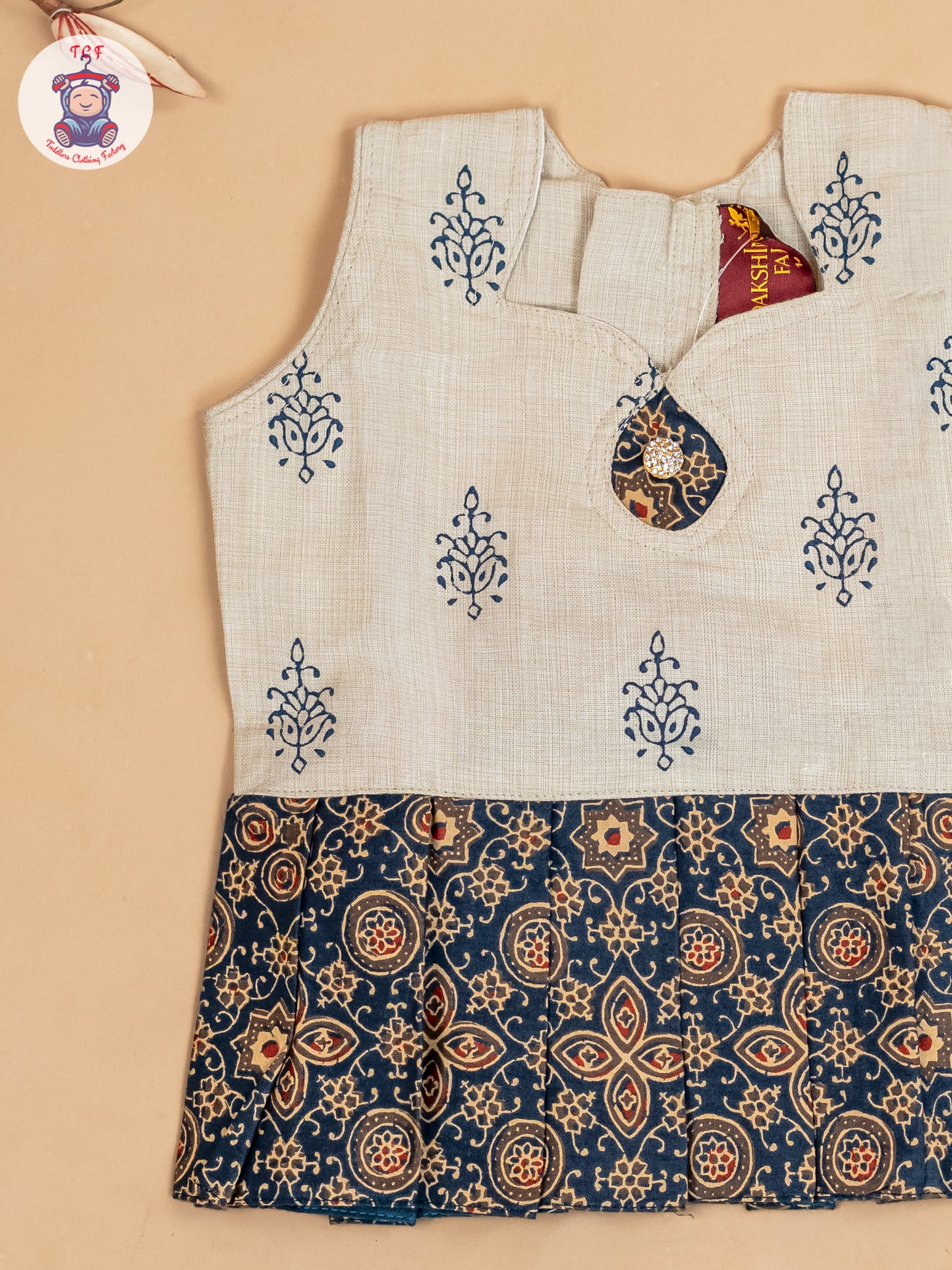 Cream & Navy Blue - Girls Readymade Floral Printed Cotton Pavadai Sattai