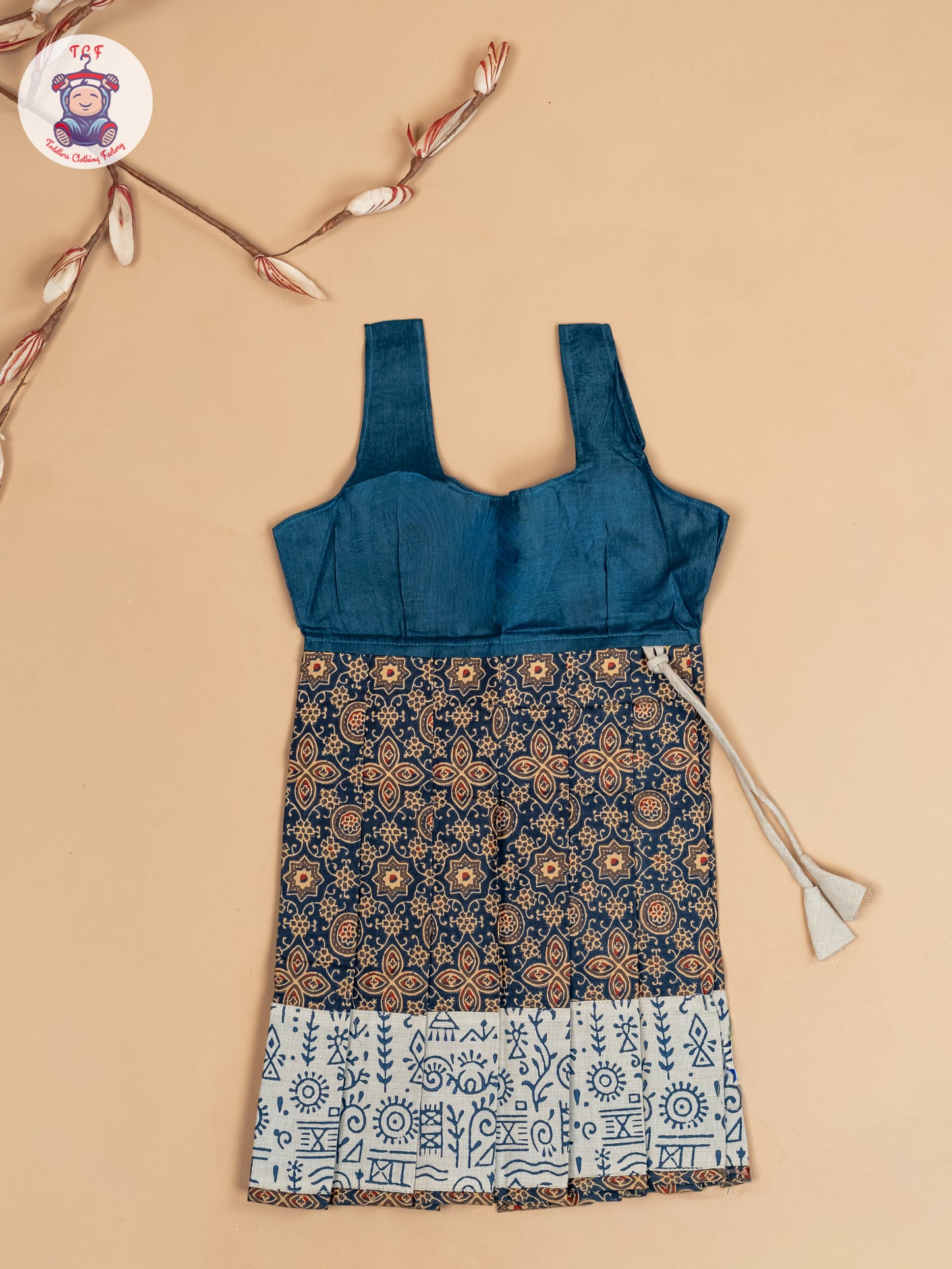 Cream & Navy Blue - Girls Readymade Floral Printed Cotton Pavadai Sattai