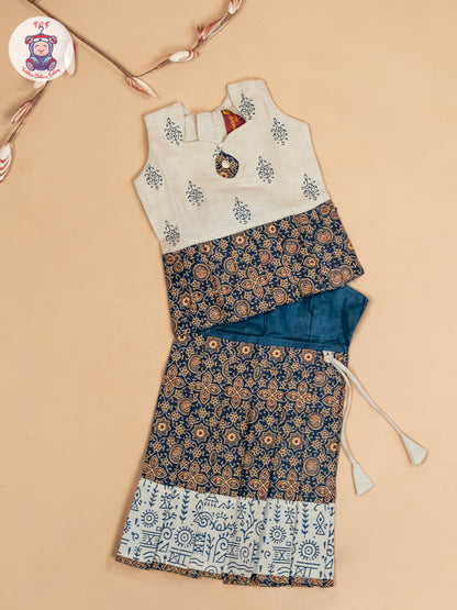 Cream & Navy Blue - Girls Readymade Floral Printed Cotton Pavadai Sattai