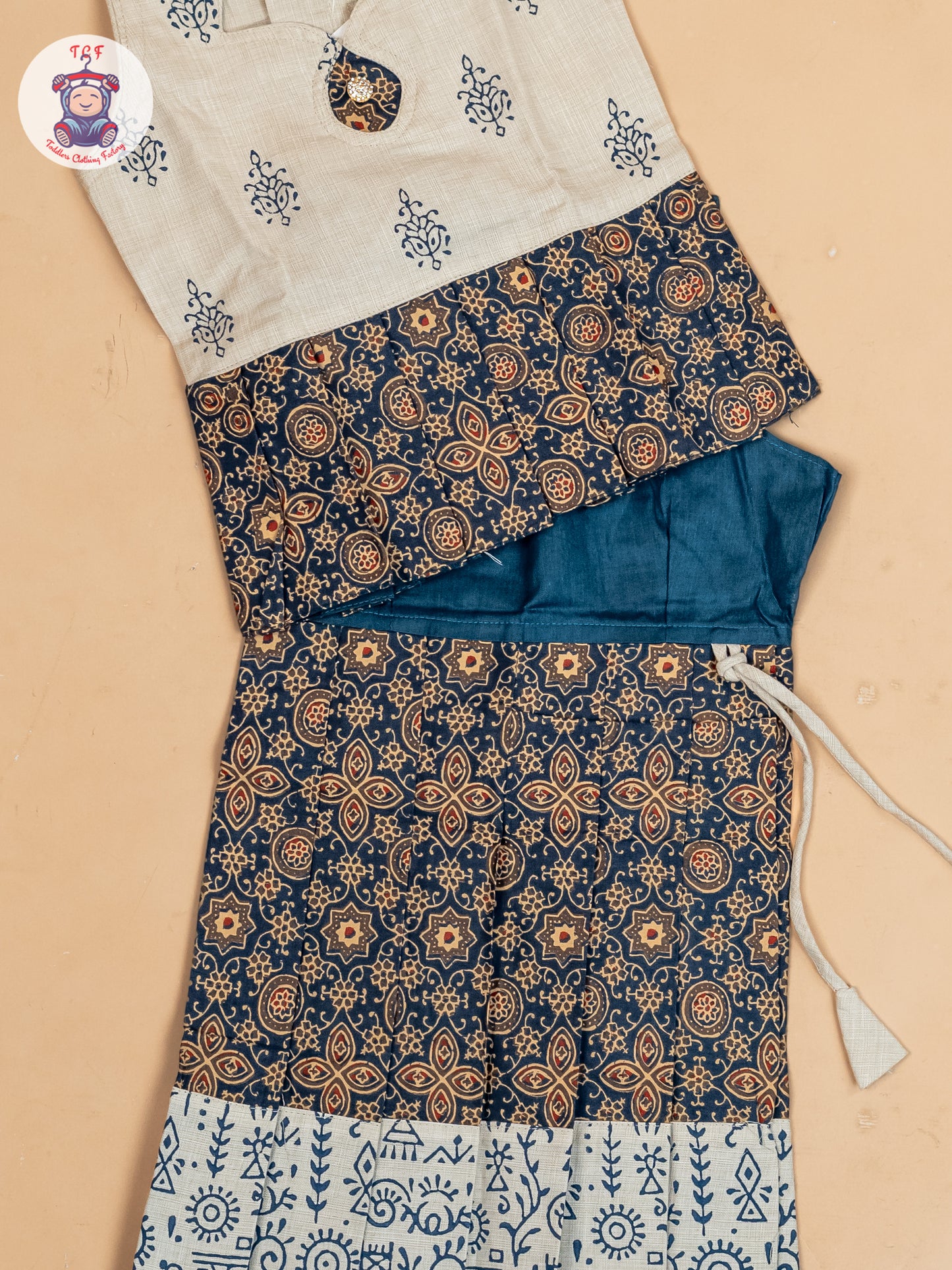 Cream & Navy Blue - Girls Readymade Floral Printed Cotton Pavadai Sattai