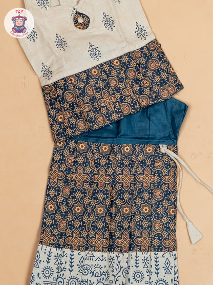 Cream & Navy Blue - Girls Readymade Floral Printed Cotton Pavadai Sattai