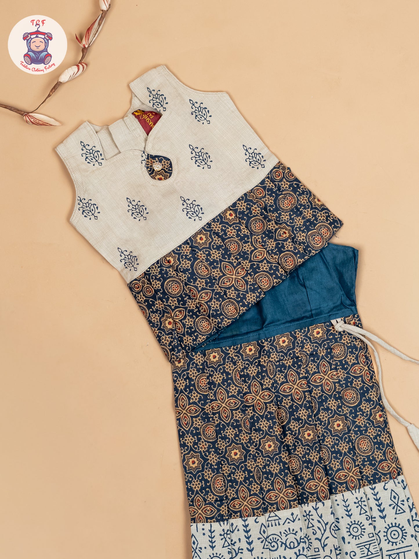 Cream & Navy Blue - Girls Readymade Floral Printed Cotton Pavadai Sattai