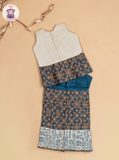 Cream & Navy Blue - Girls Readymade Floral Printed Cotton Pavadai Sattai