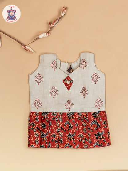 Cream & Maroon - Girls Readymade Floral Printed Cotton Pavadai Sattai