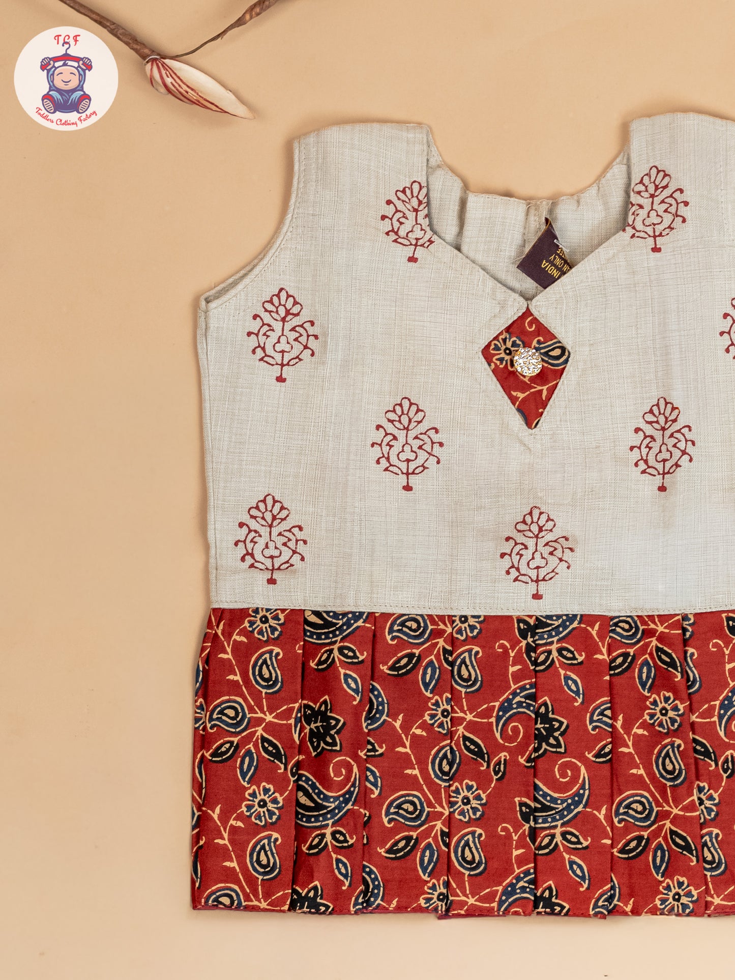 Cream & Maroon - Girls Readymade Floral Printed Cotton Pavadai Sattai