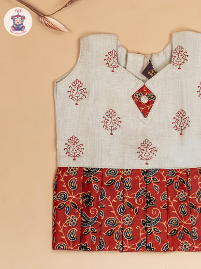 Cream & Maroon - Girls Readymade Floral Printed Cotton Pavadai Sattai