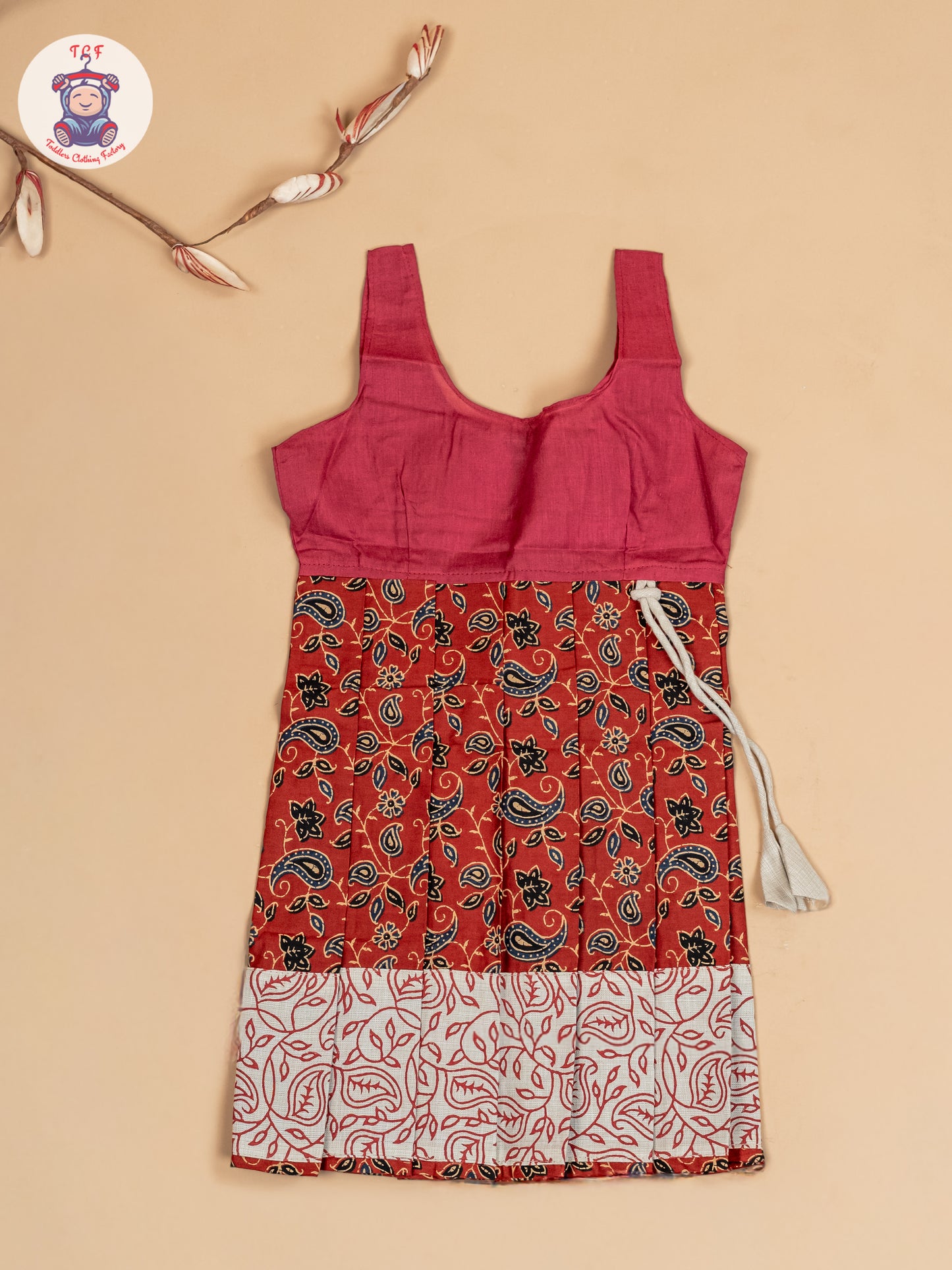 Cream & Maroon - Girls Readymade Floral Printed Cotton Pavadai Sattai