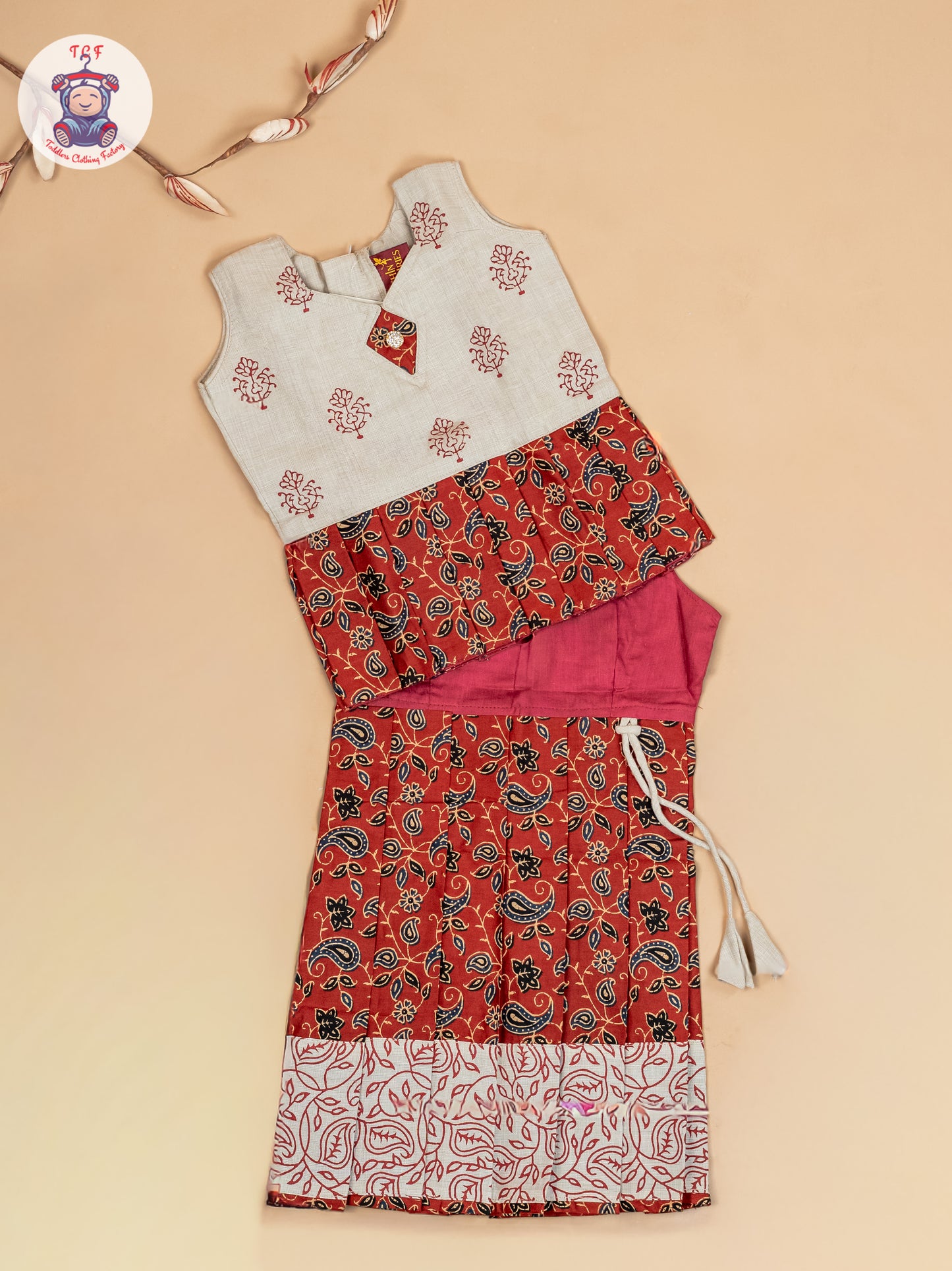 Cream & Maroon - Girls Readymade Floral Printed Cotton Pavadai Sattai