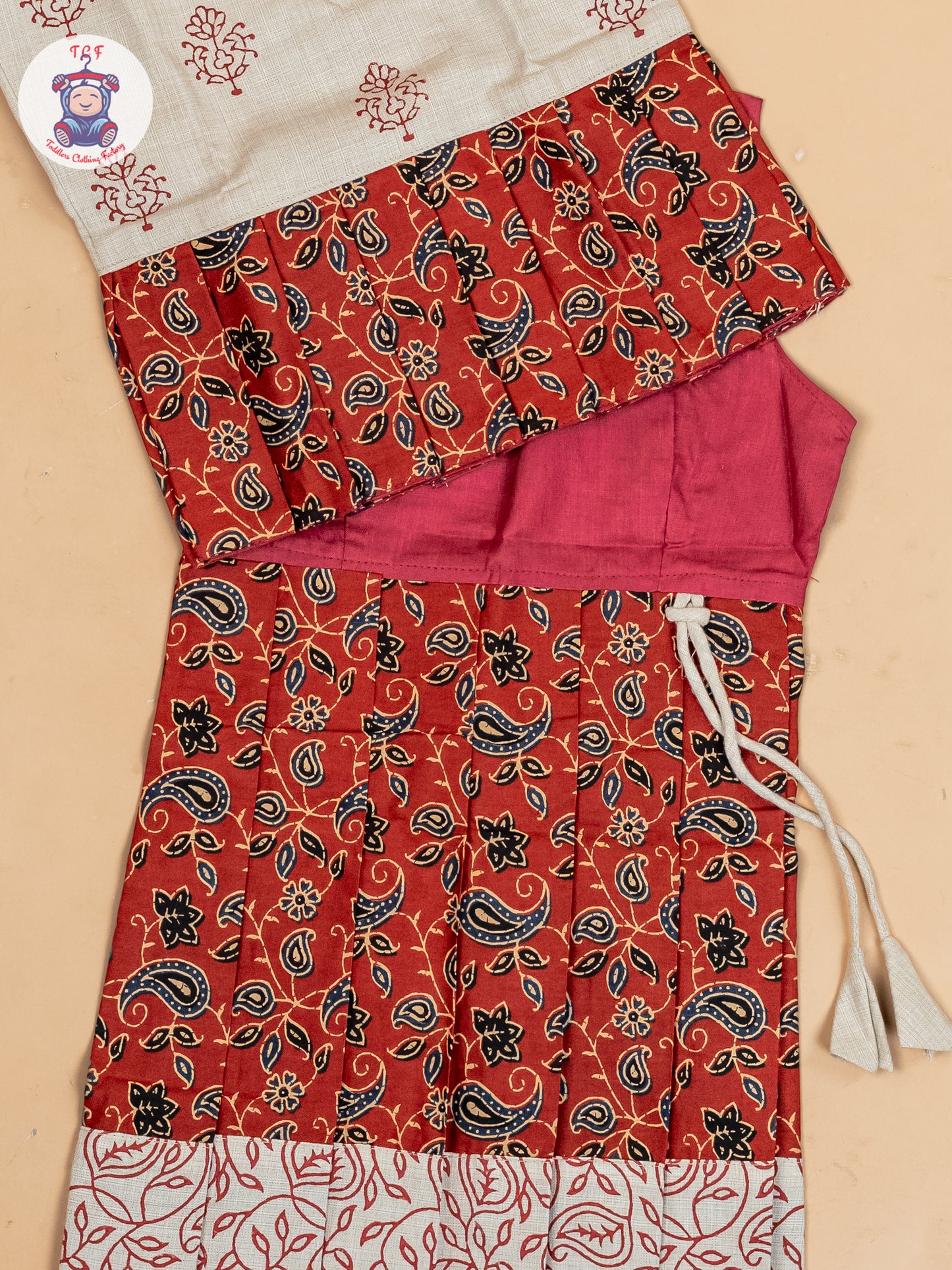 Cream & Maroon - Girls Readymade Floral Printed Cotton Pavadai Sattai