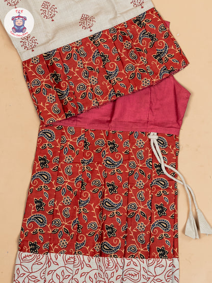 Cream & Maroon - Girls Readymade Floral Printed Cotton Pavadai Sattai