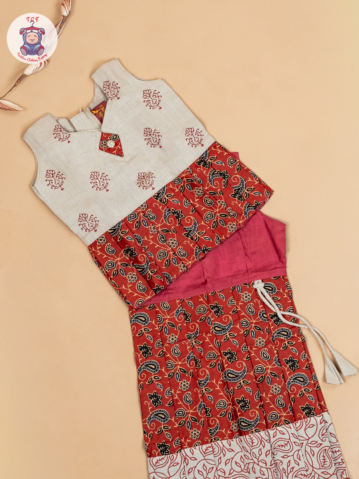 Cream & Maroon - Girls Readymade Floral Printed Cotton Pavadai Sattai