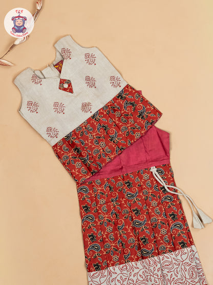 Cream & Maroon - Girls Readymade Floral Printed Cotton Pavadai Sattai