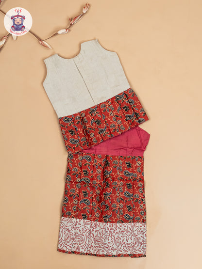 Cream & Maroon - Girls Readymade Floral Printed Cotton Pavadai Sattai