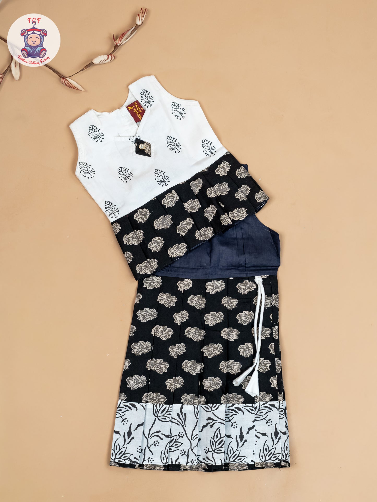 White & Black - Girls Readymade Floral Printed Cotton Pavadai Sattai