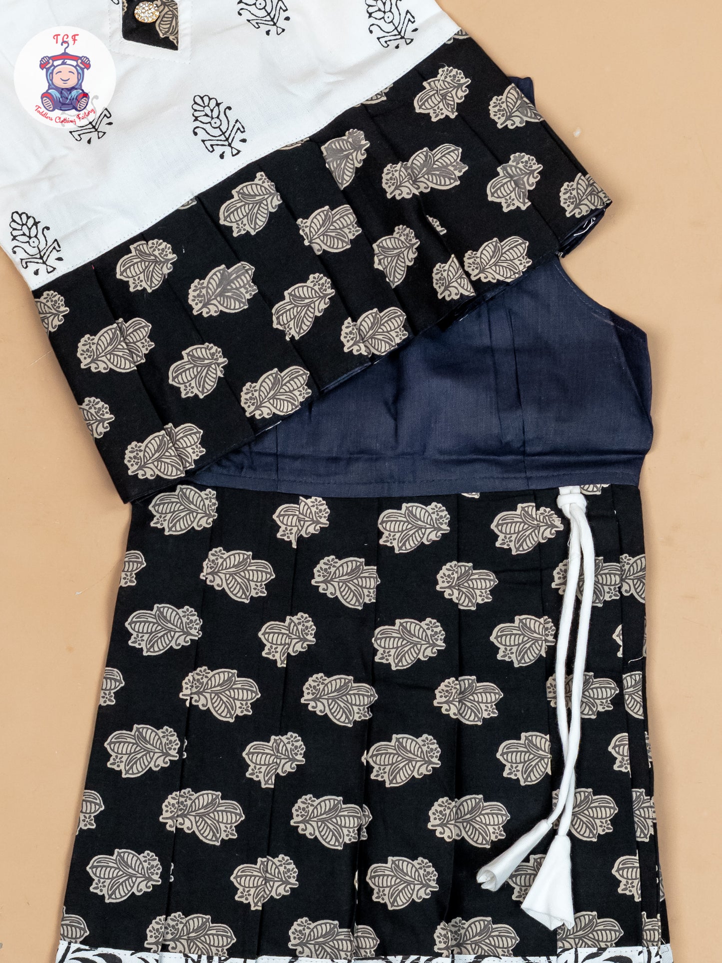 White & Black - Girls Readymade Floral Printed Cotton Pavadai Sattai